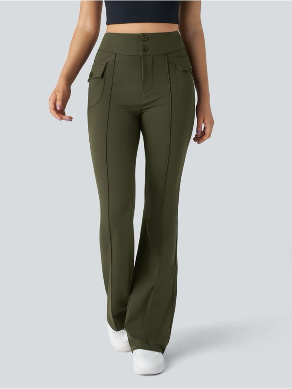 Halara High Waisted Side Flap Pocket Flare Casual Cargo Pants in Forest Night.